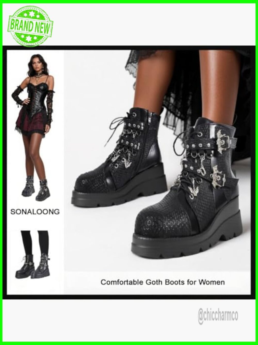 Goth Chunky Ankle Boots with Bat Buckle Platform Zip Lace Up Combat Bootie - Picture 5 of 7